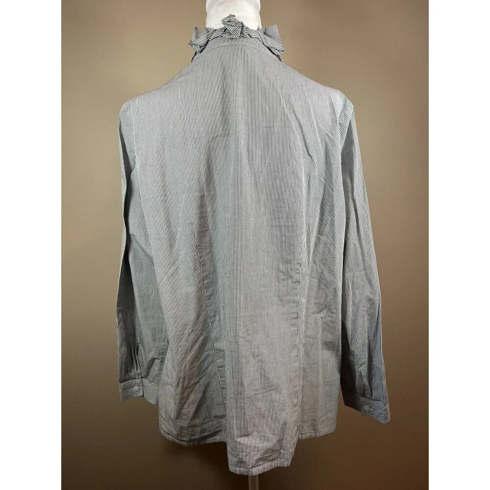 Talbots Women’s Blue White Pinstripe Ruffle Collar Button Front Blouse Size 1X - Picture 2 of 9